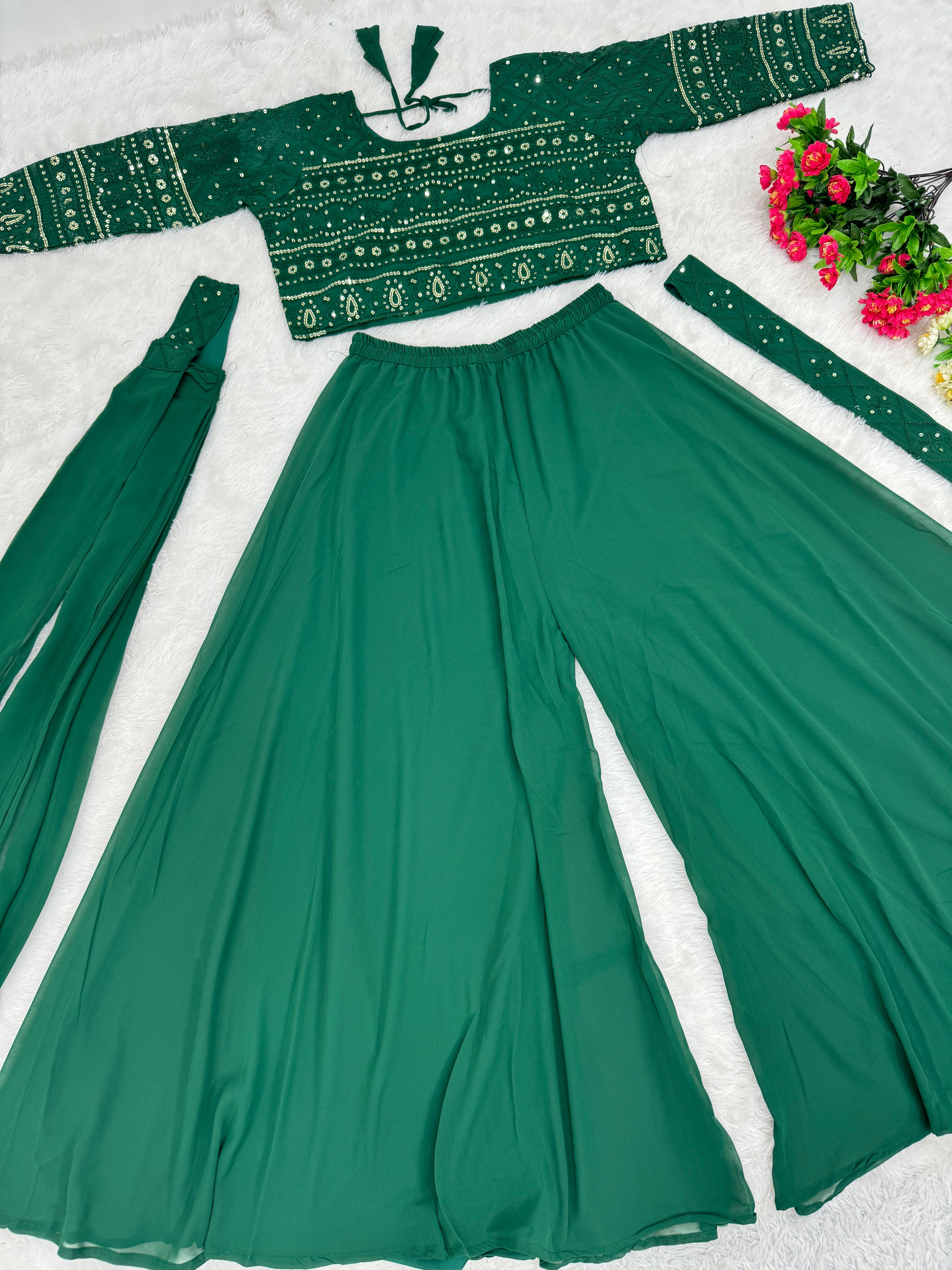 Eyes Catching Green Color Georgette Embroidered Sequins Work Wedding Wear Choli With Sharara