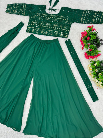 Eyes Catching Green Color Georgette Embroidered Sequins Work Wedding Wear Choli With Sharara