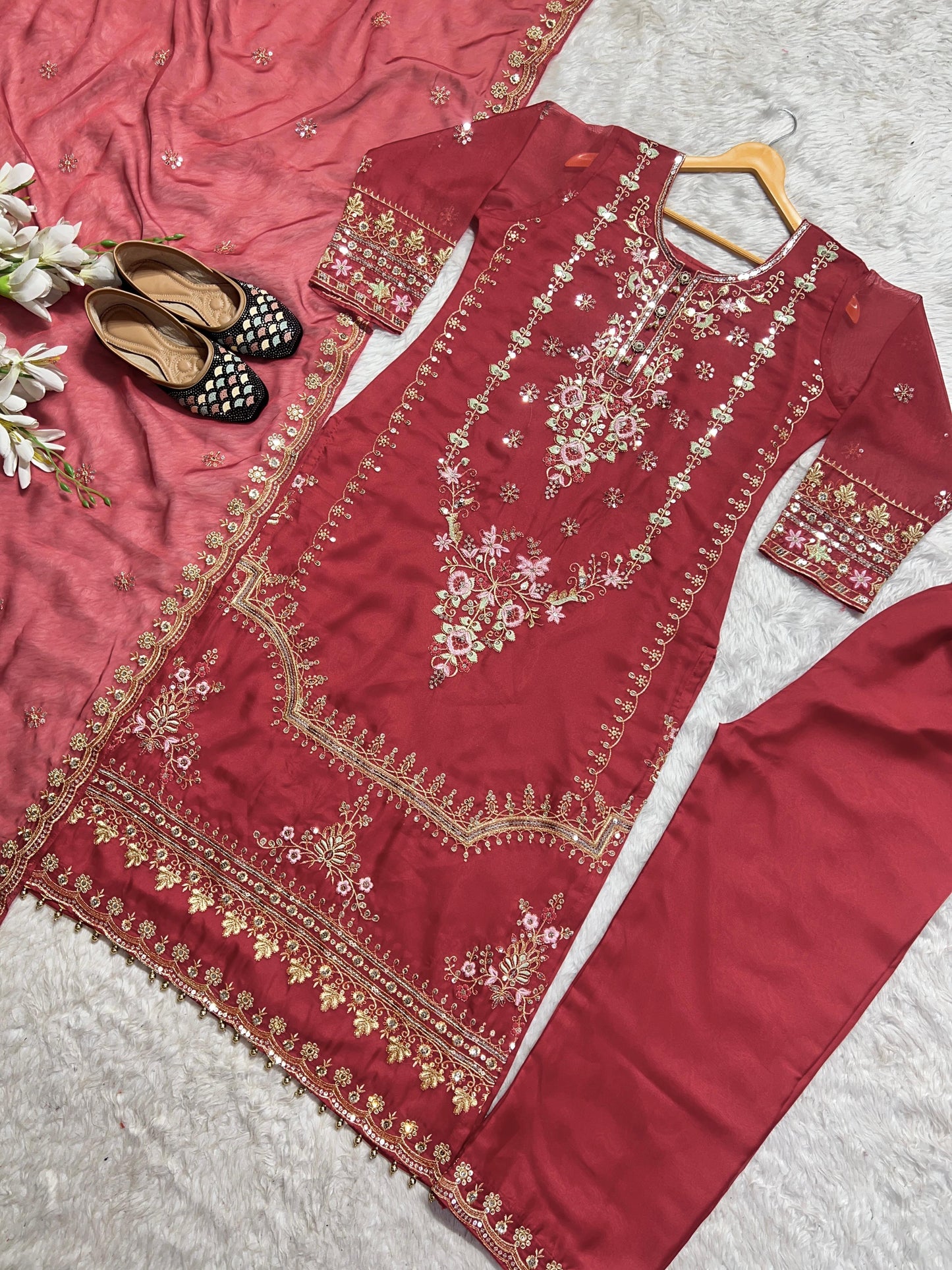 Outstanding Pink Color Heavy Pure Organza 5mm Sequence Embroidery Work Salwar Suit