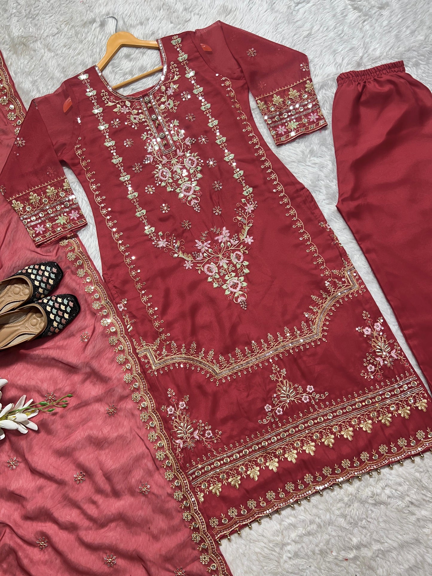Outstanding Pink Color Heavy Pure Organza 5mm Sequence Embroidery Work Salwar Suit