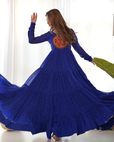 Navratri Wear Royal Blue Color Heavy Pure Soft Fox Georgette Laheriya Print Anarkali Gown