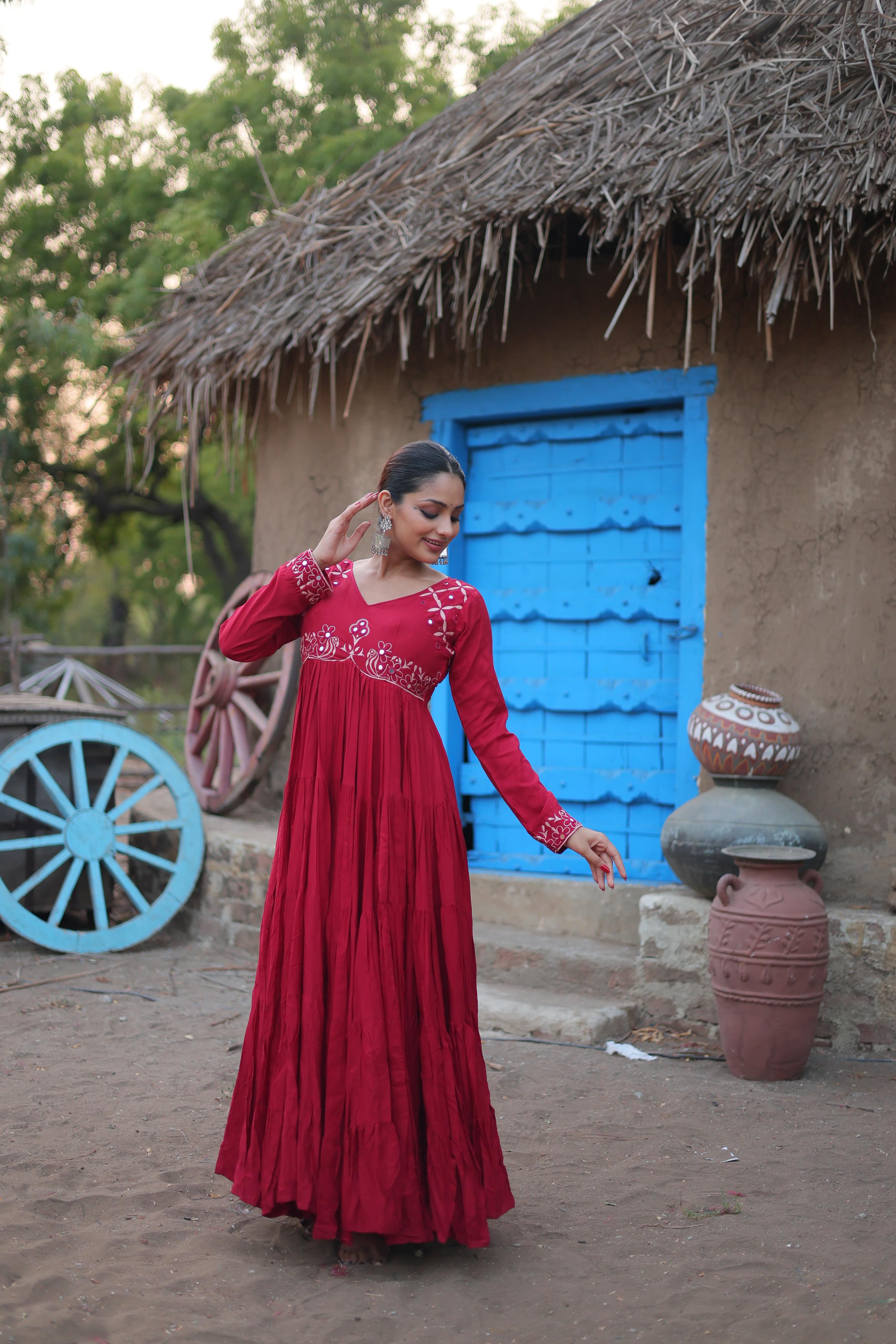 Ravishing Dark Pink Color Real Mirror Work Designer Gown