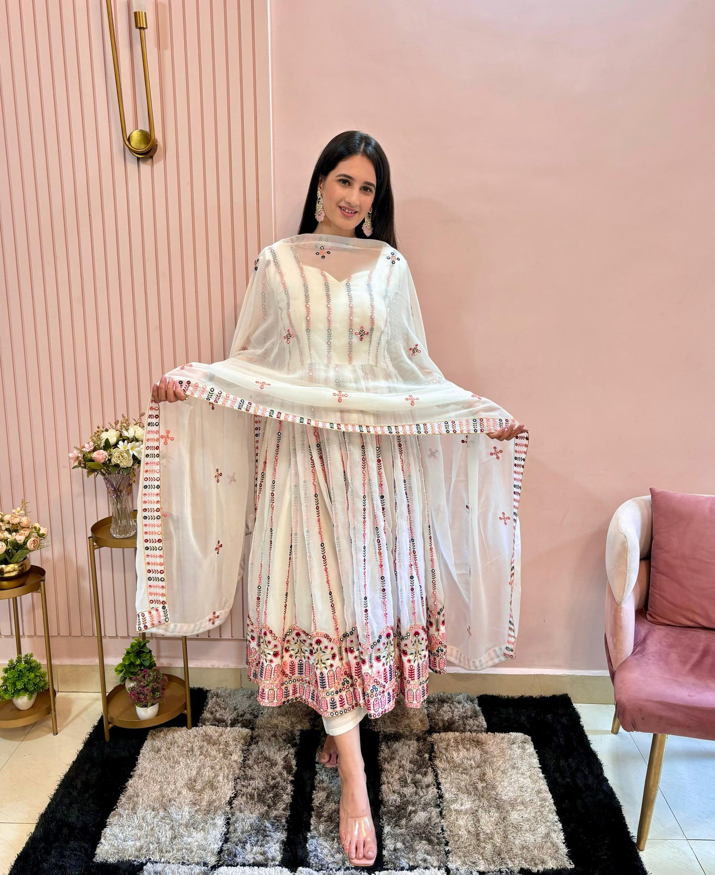 Preferable White Color Georgette With Embroidery Work Designer Work