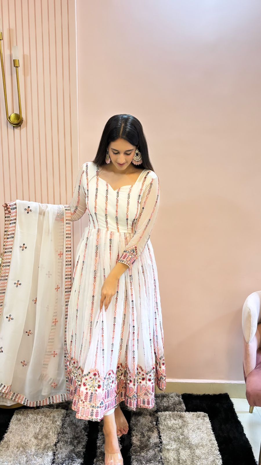Preferable White Color Georgette With Embroidery Work Designer Work
