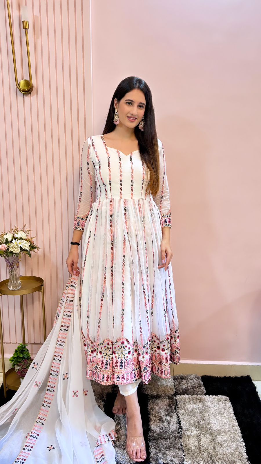Preferable White Color Georgette With Embroidery Work Designer Work