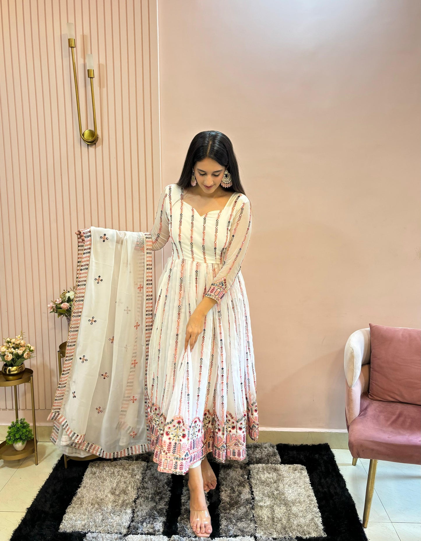 Preferable White Color Georgette With Embroidery Work Designer Work