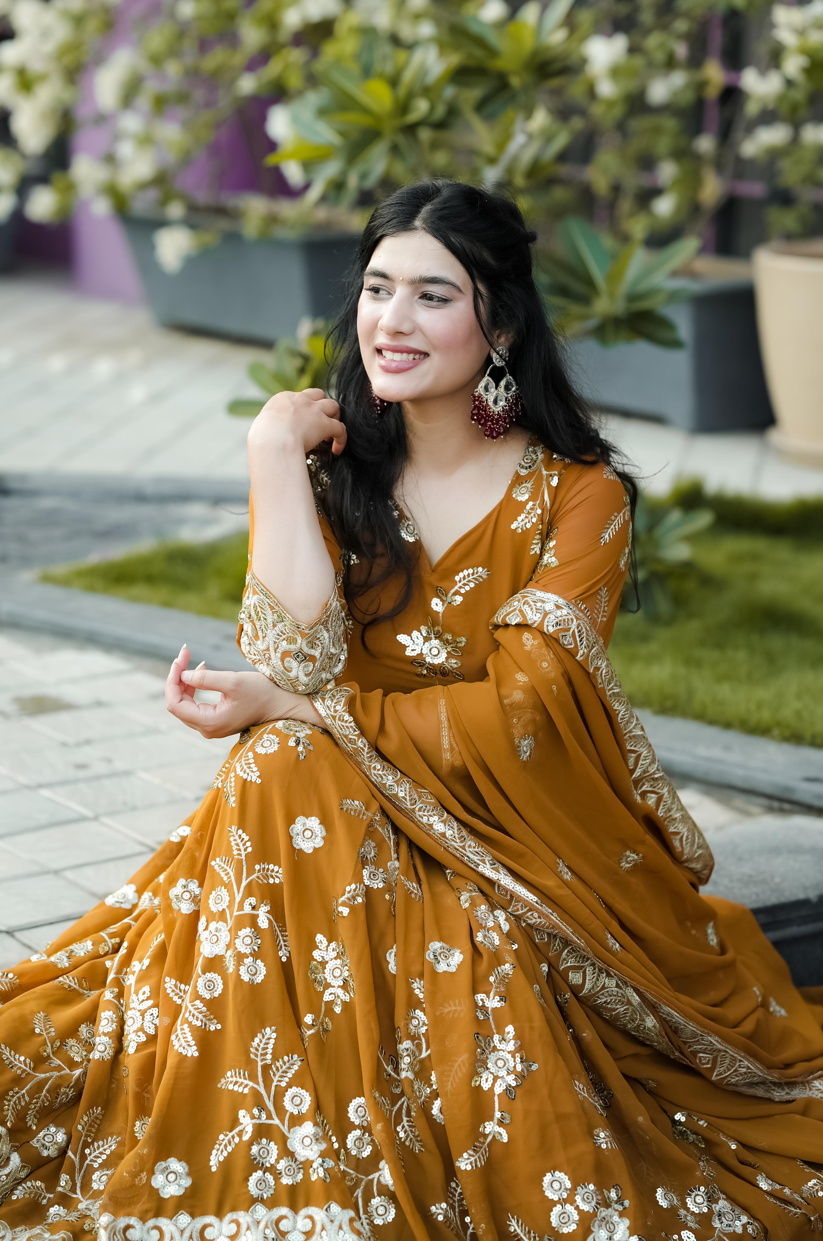 Wedding Wear Mustard Color Heavy Faux Georgette With 5mm Sequence And Embroidery Work Anarkali Suit