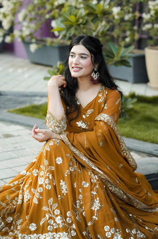 Wedding Wear Mustard Color Heavy Faux Georgette With 5mm Sequence And Embroidery Work Anarkali Suit