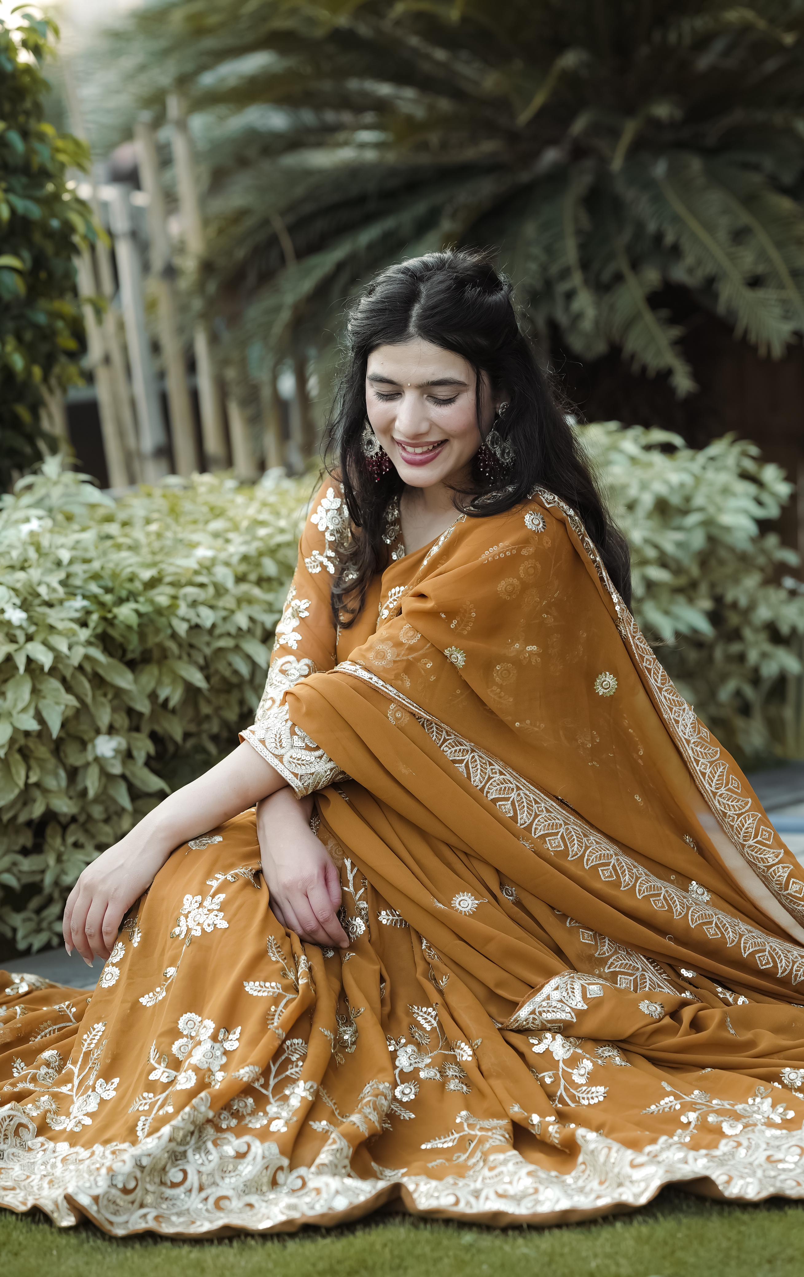 Wedding Wear Mustard Color Heavy Faux Georgette With 5mm Sequence And Embroidery Work Anarkali Suit