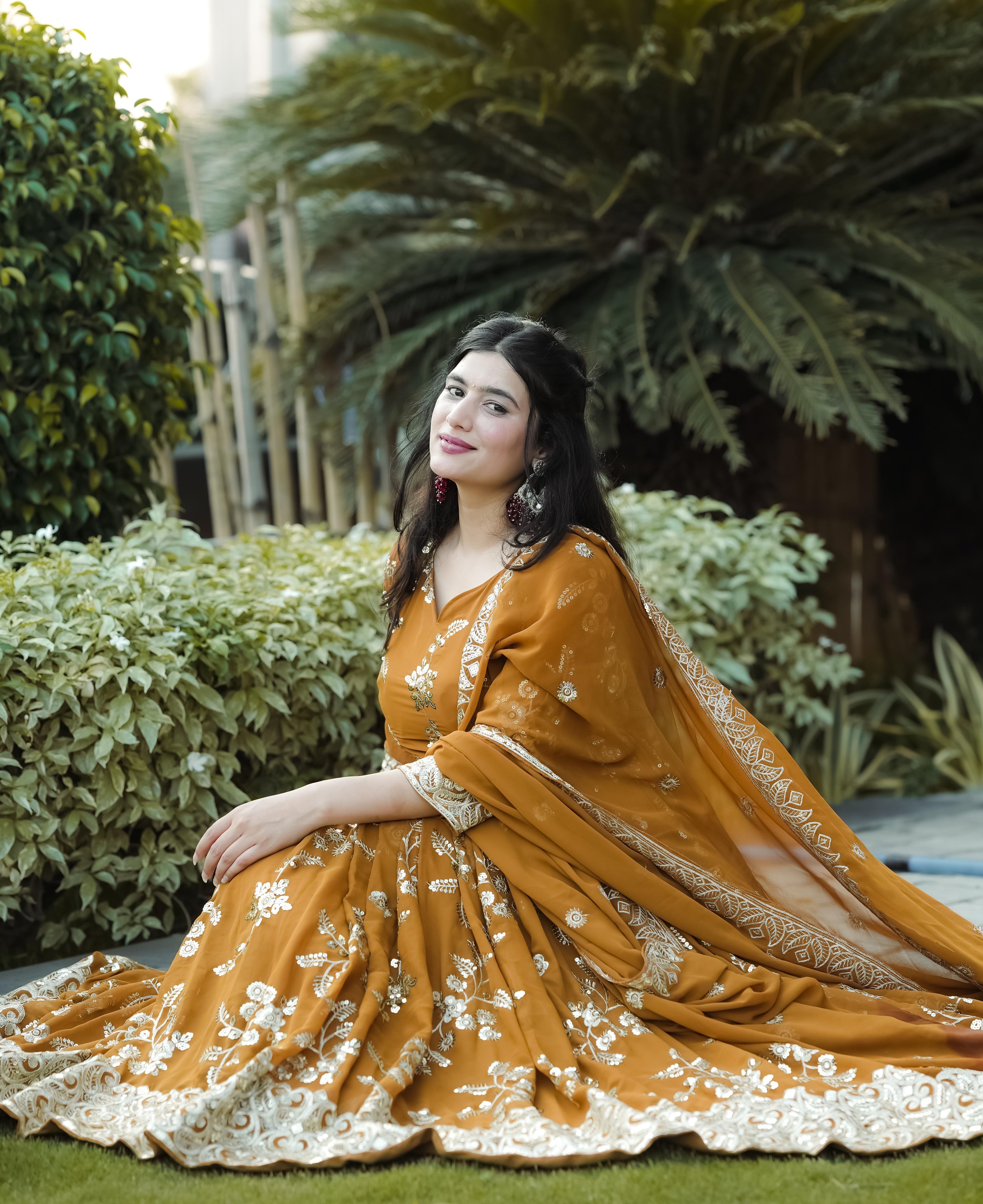Wedding Wear Mustard Color Heavy Faux Georgette With 5mm Sequence And Embroidery Work Anarkali Suit