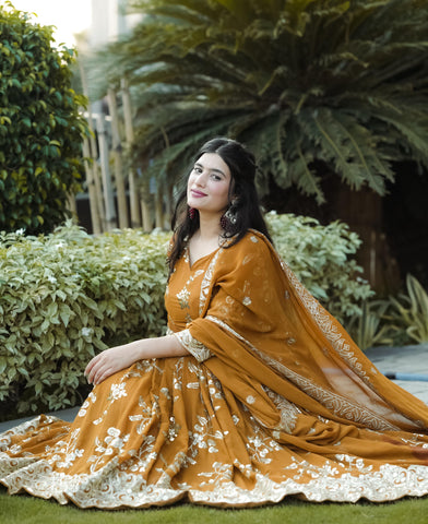Wedding Wear Mustard Color Heavy Faux Georgette With 5mm Sequence And Embroidery Work Anarkali Suit