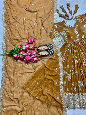 Wedding Wear Mustard Color Heavy Faux Georgette With 5mm Sequence And Embroidery Work Anarkali Suit