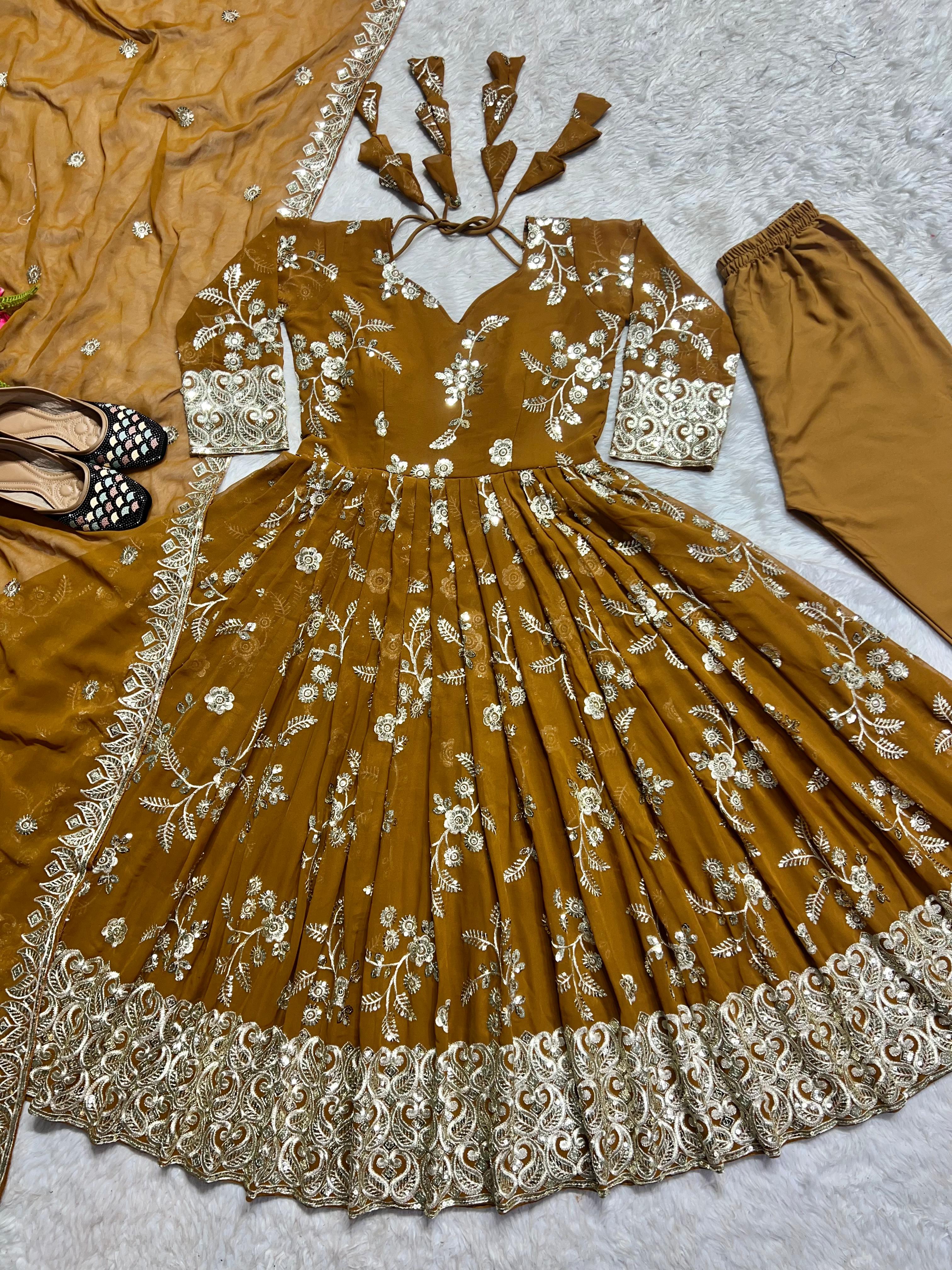 Wedding Wear Mustard Color Heavy Faux Georgette With 5mm Sequence And Embroidery Work Anarkali Suit