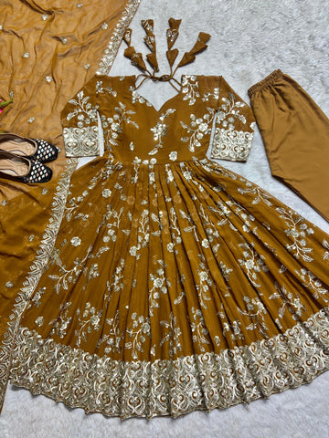 Wedding Wear Mustard Color Heavy Faux Georgette With 5mm Sequence And Embroidery Work Anarkali Suit