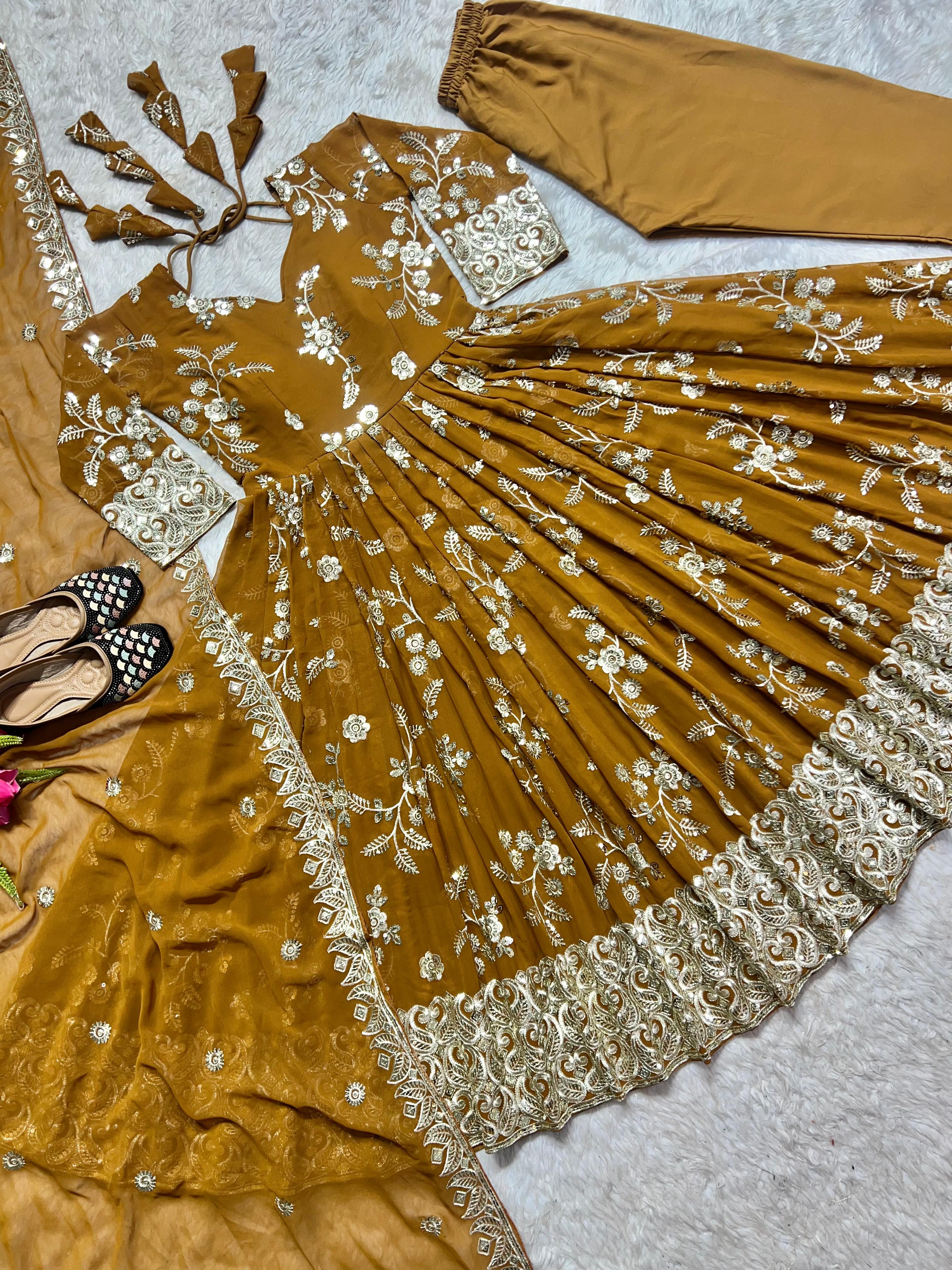 Wedding Wear Mustard Color Heavy Faux Georgette With 5mm Sequence And Embroidery Work Anarkali Suit