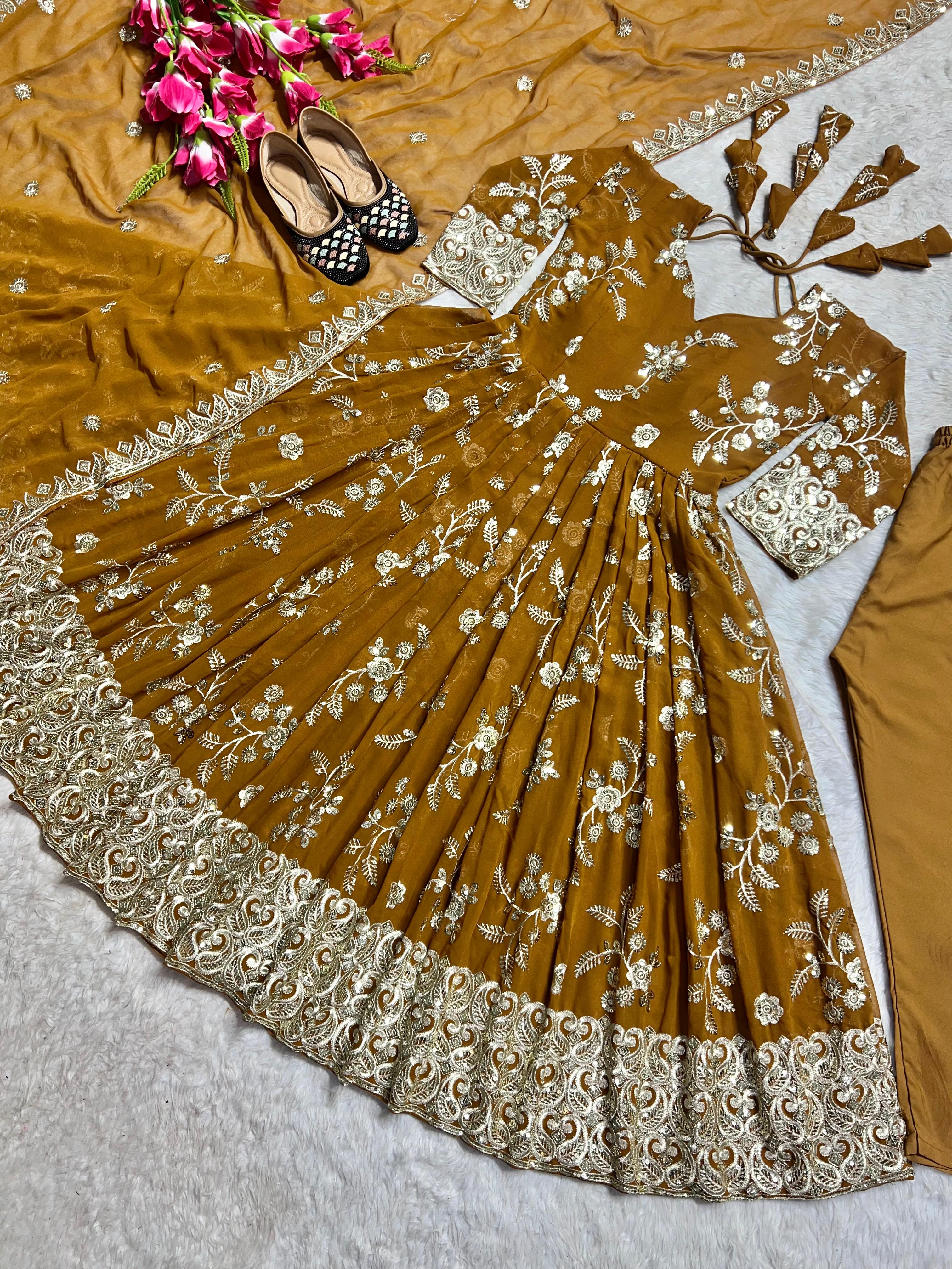 Wedding Wear Mustard Color Heavy Faux Georgette With 5mm Sequence And Embroidery Work Anarkali Suit