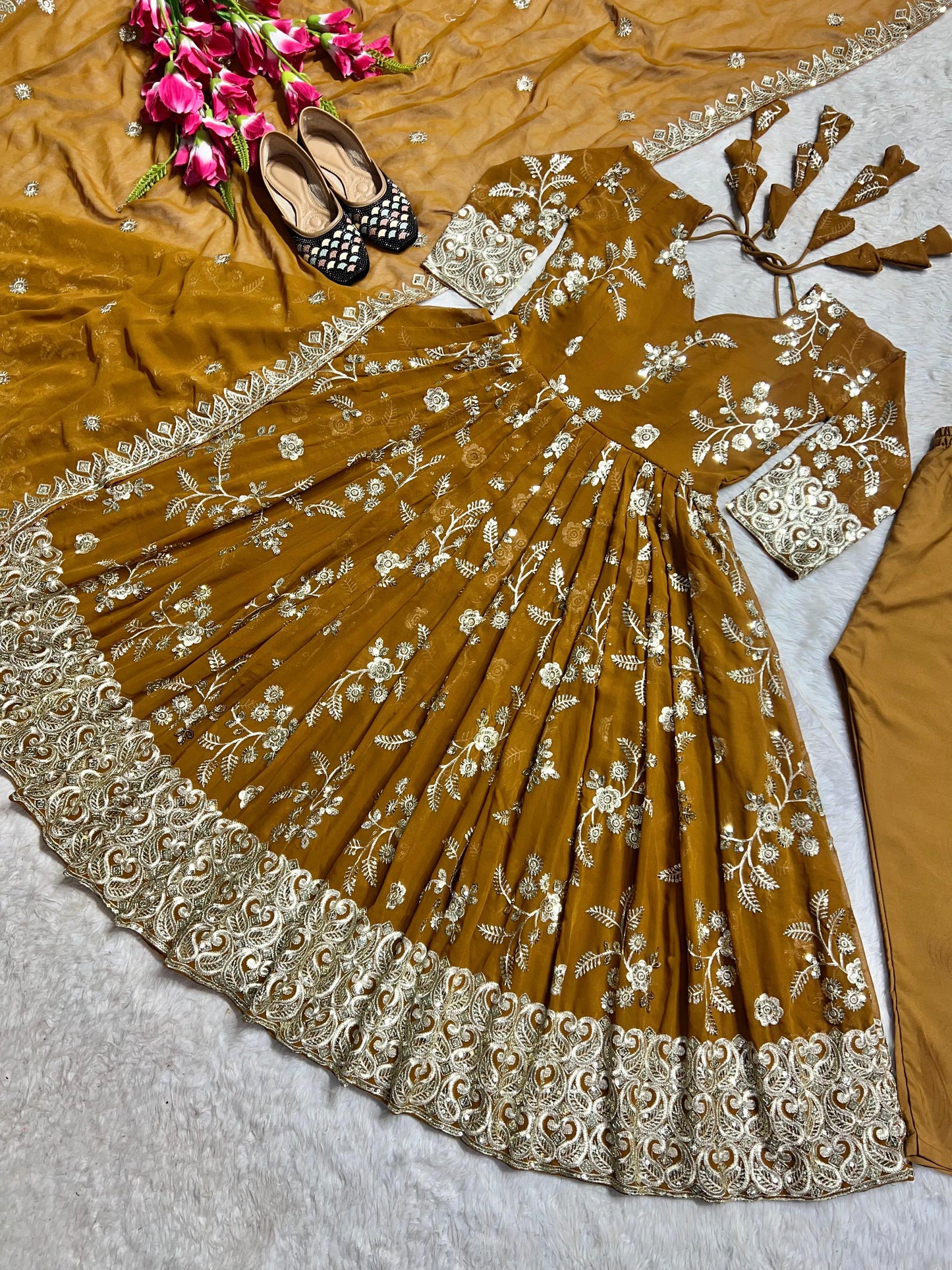Wedding Wear Mustard Color Heavy Faux Georgette With 5mm Sequence And Embroidery Work Anarkali Suit