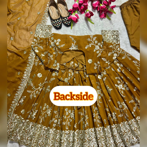 Wedding Wear Mustard Color Heavy Faux Georgette With 5mm Sequence And Embroidery Work Anarkali Suit