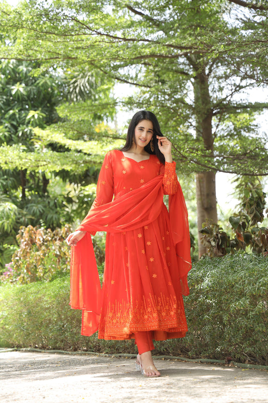 Glorious Orange Color Georgette Zari With Multi Embroidery Work Designer Anarkali Suit