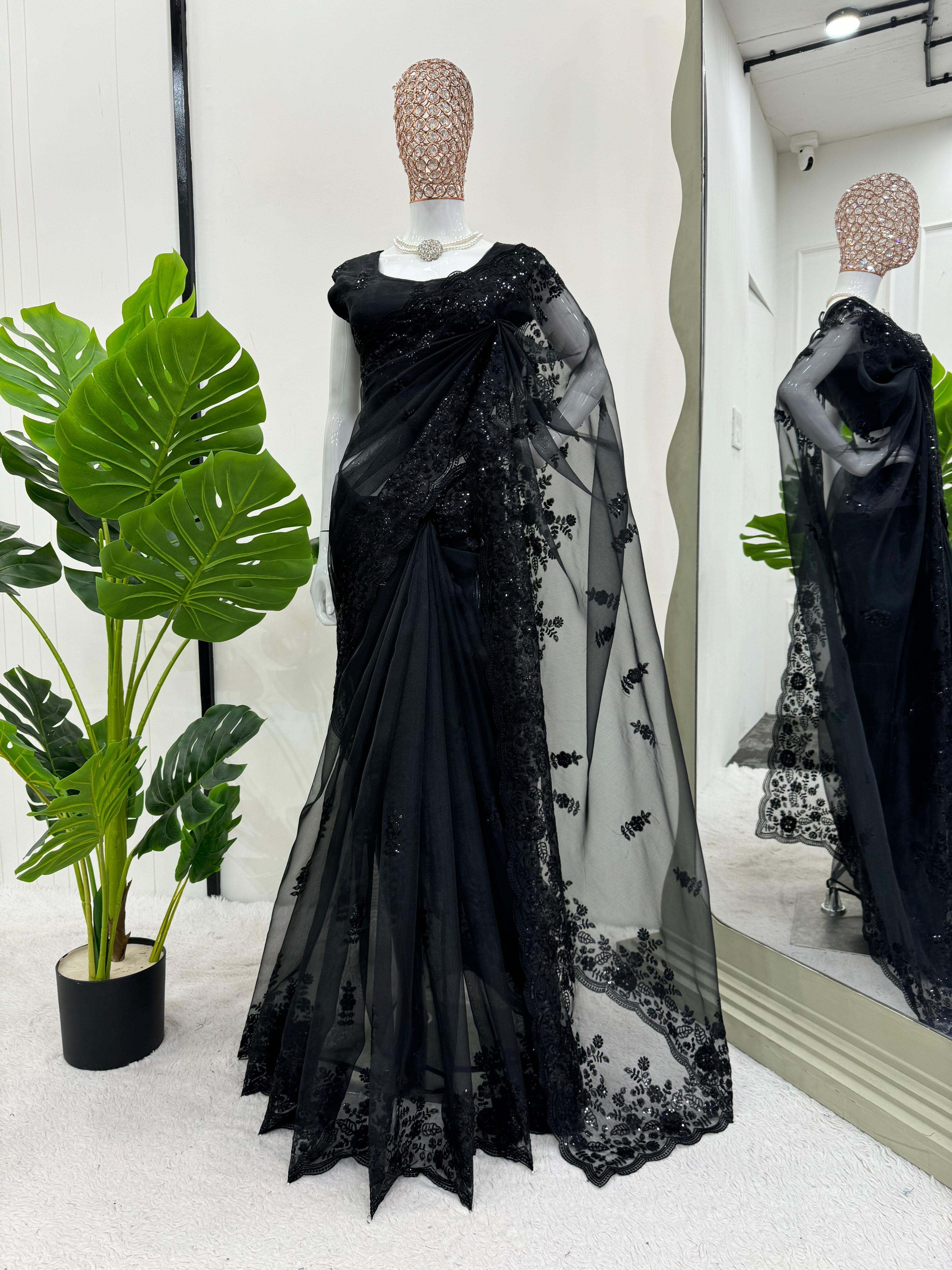 Imposing Black Organza Silk Fabric With Thread Sequence Work Designer Saree