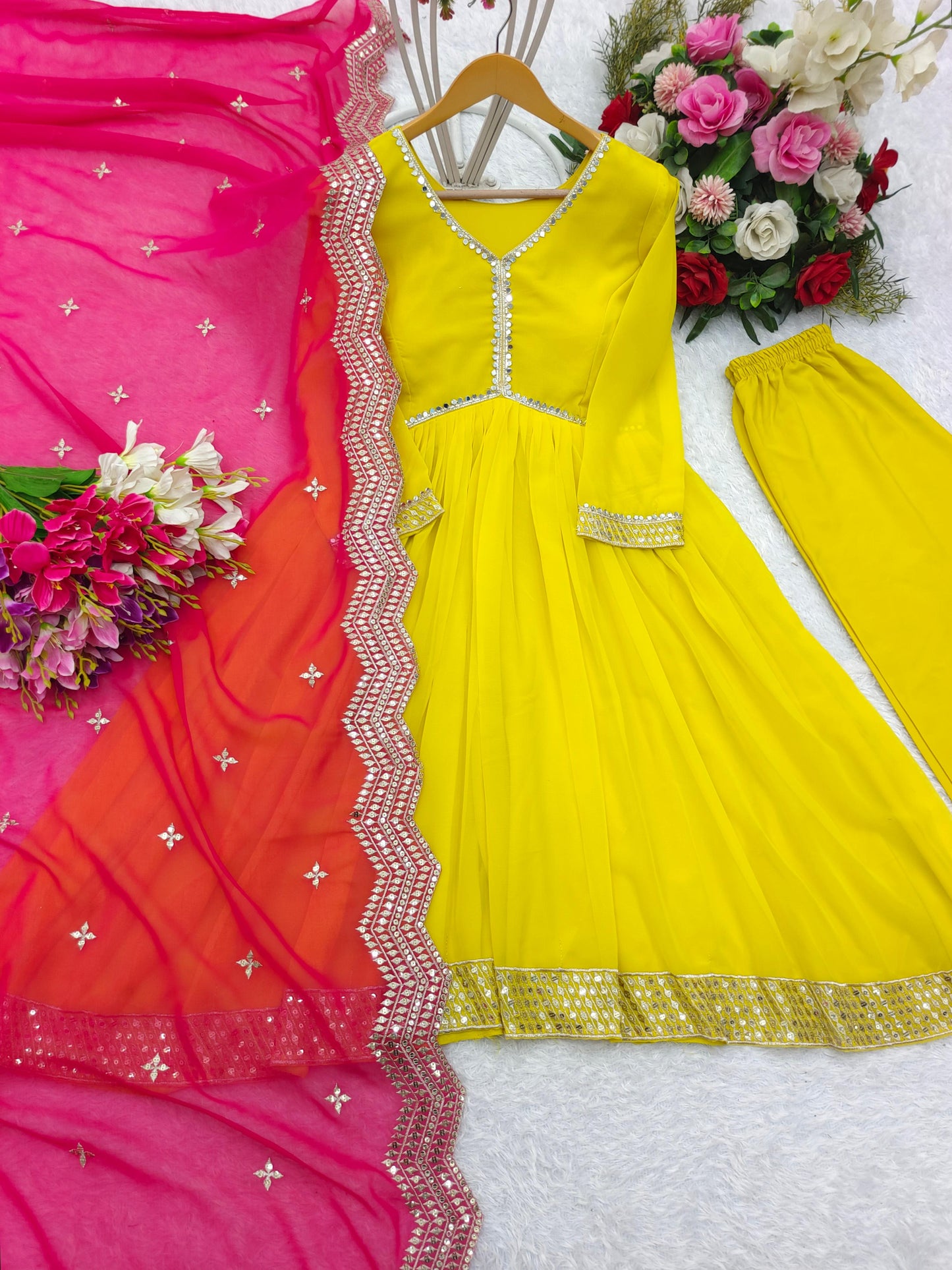Trendy Lamon Yellow Color Pure Fox Georgette With Heavy Embroidery Sequence Work Salwar Suit