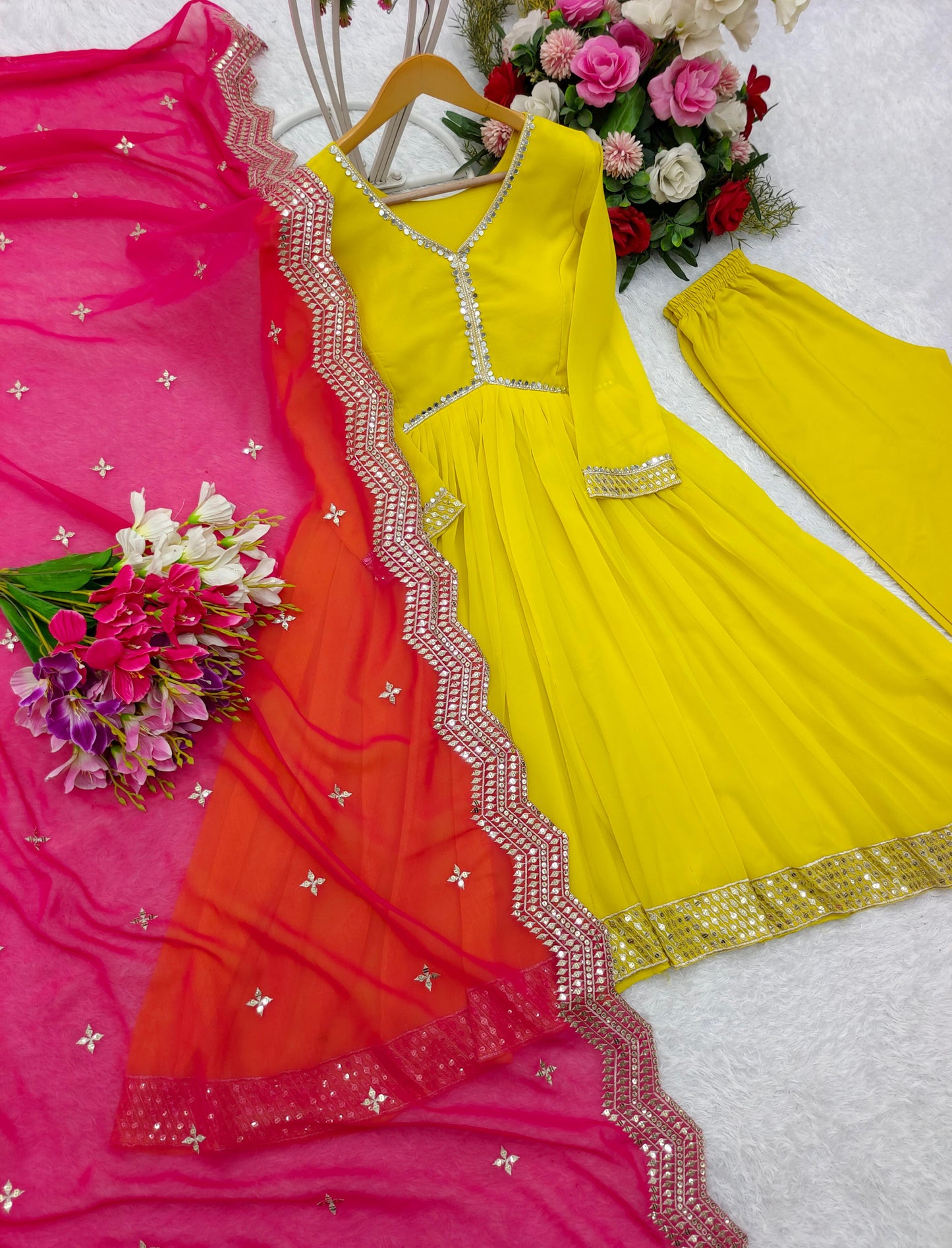 Trendy Lamon Yellow Color Pure Fox Georgette With Heavy Embroidery Sequence Work Salwar Suit