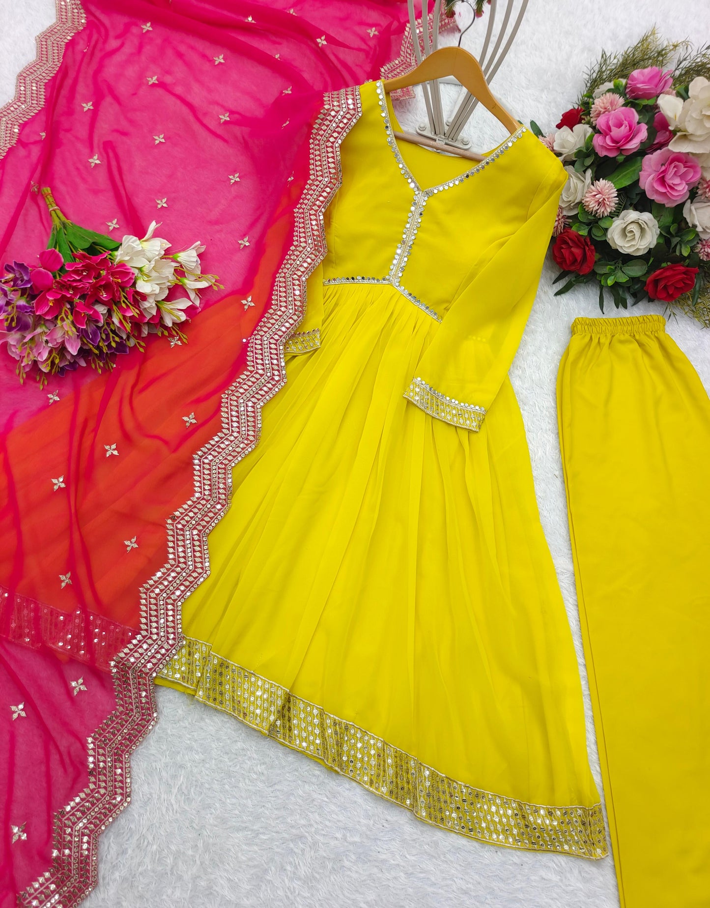 Trendy Lamon Yellow Color Pure Fox Georgette With Heavy Embroidery Sequence Work Salwar Suit