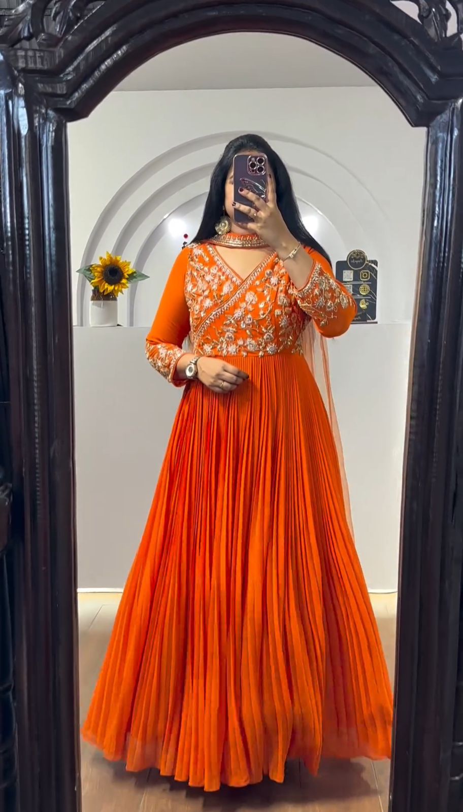 Alluring Orange Color Georgette Embroidery Sequence Work Designer Gown