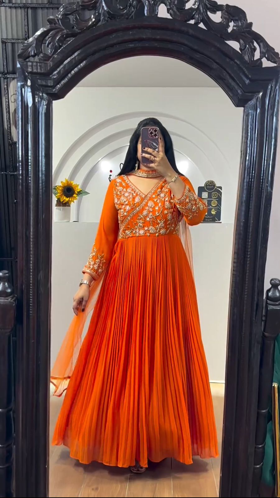 Alluring Orange Color Georgette Embroidery Sequence Work Designer Gown