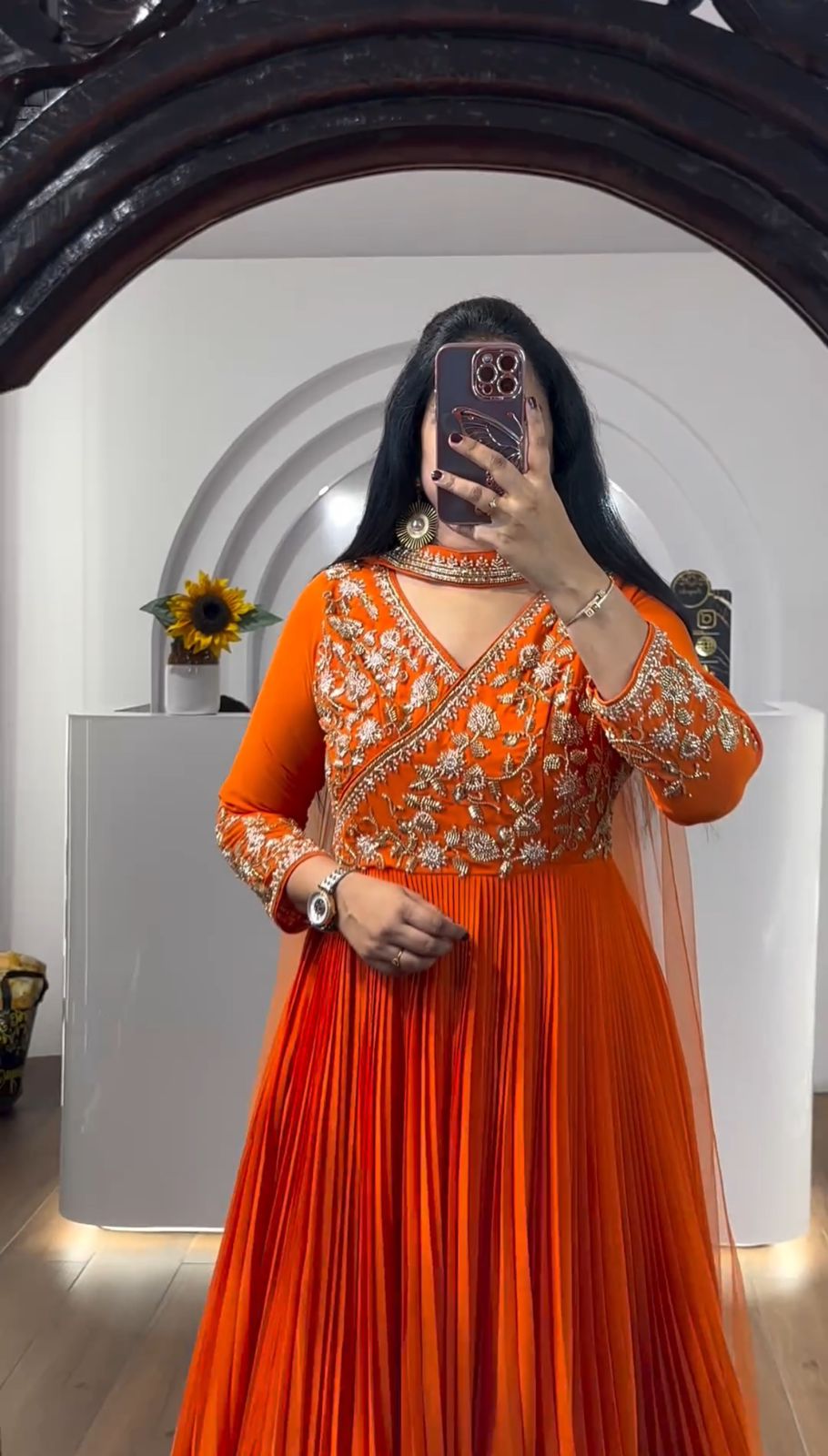 Alluring Orange Color Georgette Embroidery Sequence Work Designer Gown