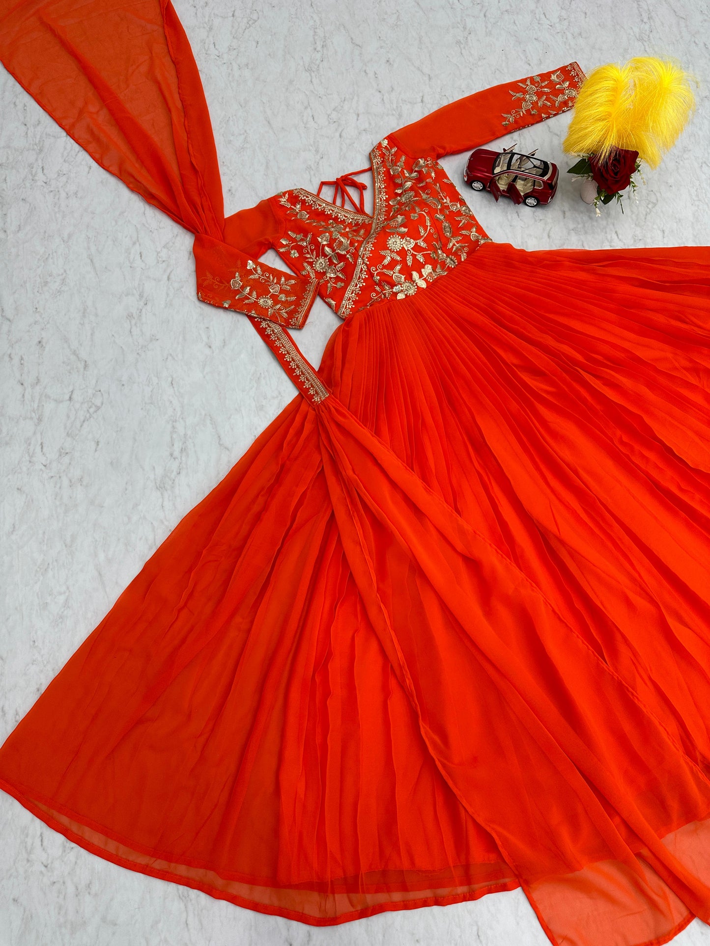 Alluring Orange Color Georgette Embroidery Sequence Work Designer Gown