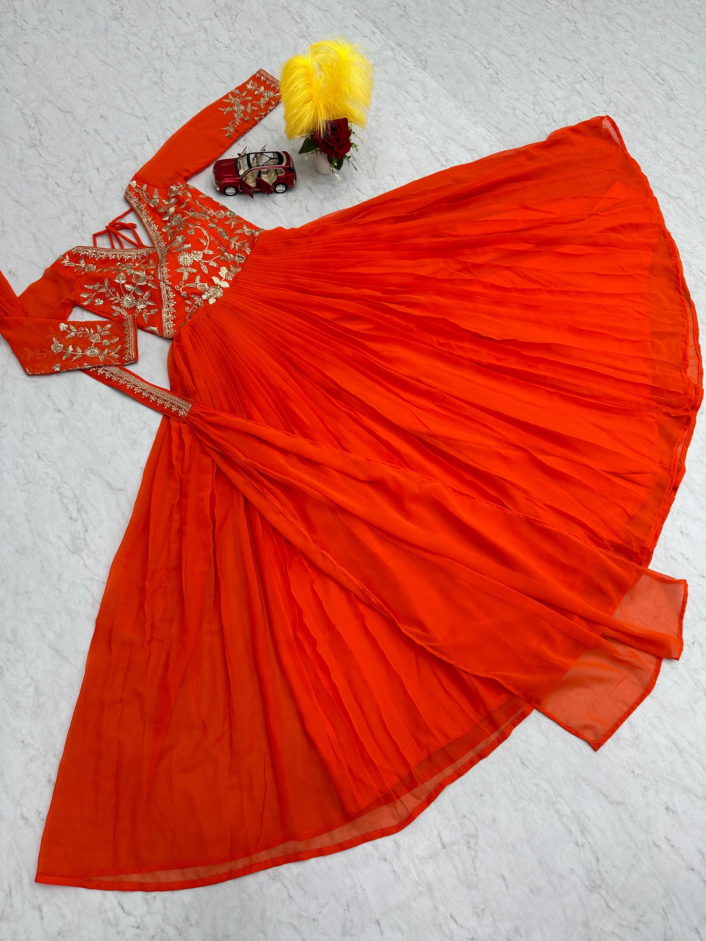 Alluring Orange Color Georgette Embroidery Sequence Work Designer Gown
