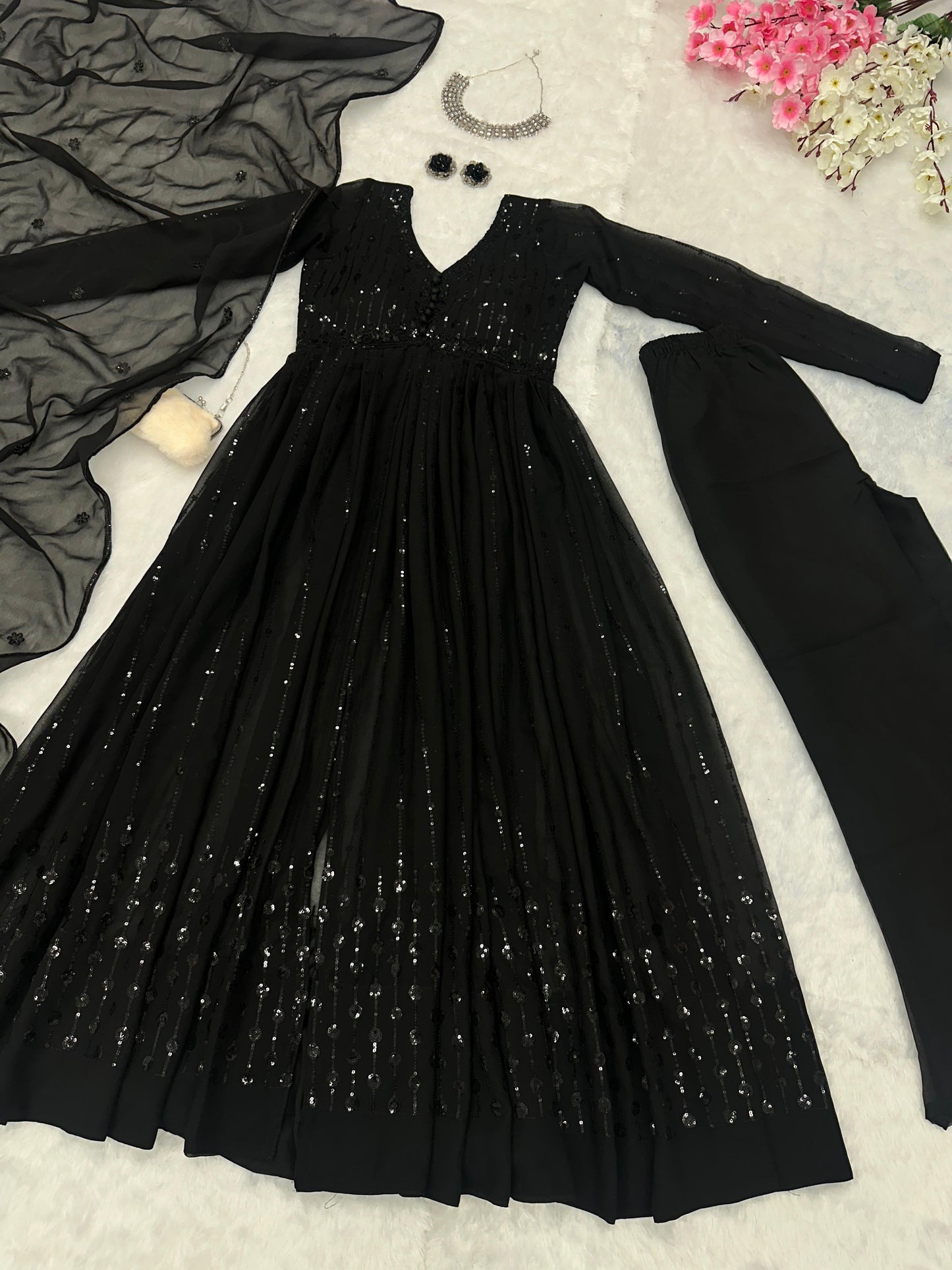 Party Wear Black Color Pure Georgette With Embroidery Sequins Work Designer Anarkali Suit