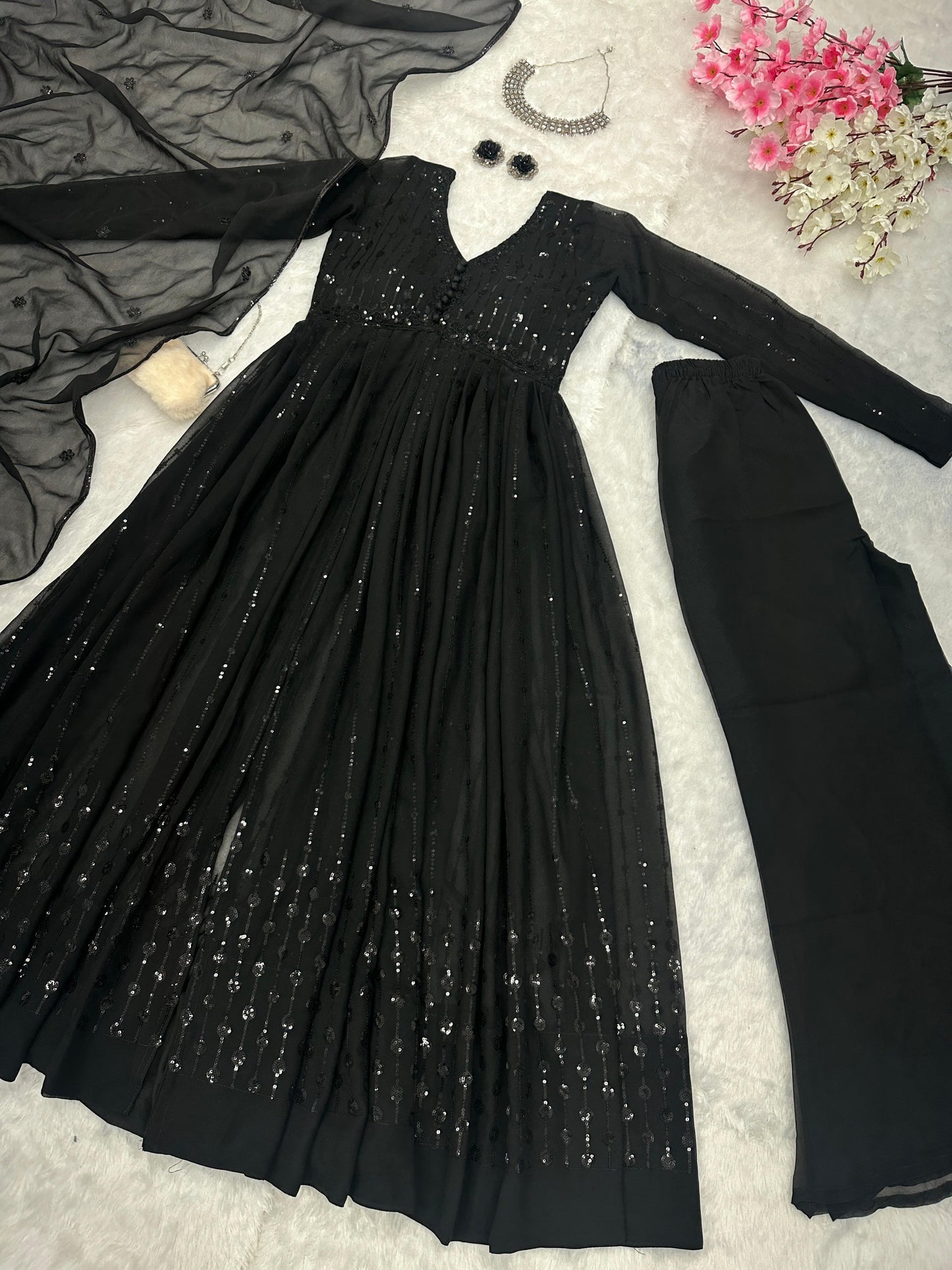 Party Wear Black Color Pure Georgette With Embroidery Sequins Work Designer Anarkali Suit