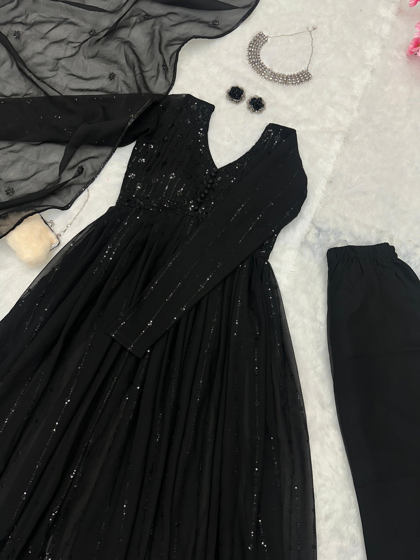 Party Wear Black Color Pure Georgette With Embroidery Sequins Work Designer Anarkali Suit