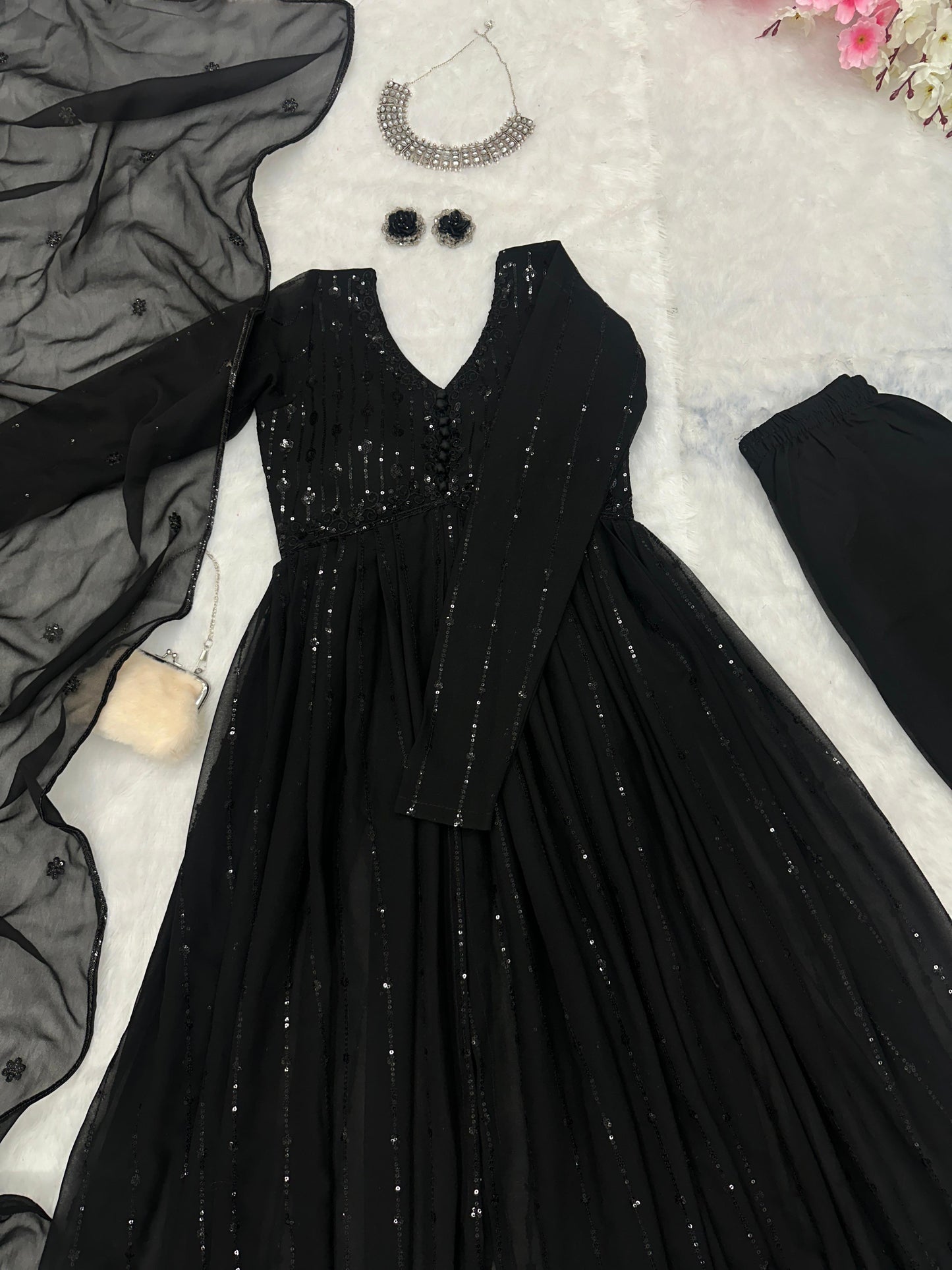 Party Wear Black Color Pure Georgette With Embroidery Sequins Work Designer Anarkali Suit