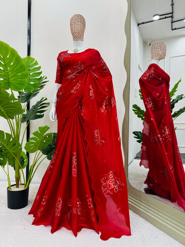 Red Color Jimmy Chu Fabric With Thread Sequence Work Beautiful Designer Saree