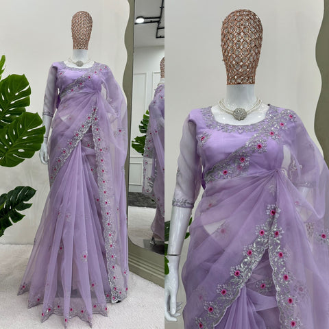 Charming Lavender Color Thread with Sequence Work Organza Silk Saree