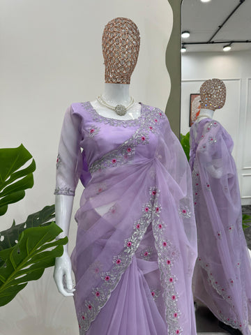 Charming Lavender Color Thread with Sequence Work Organza Silk Saree