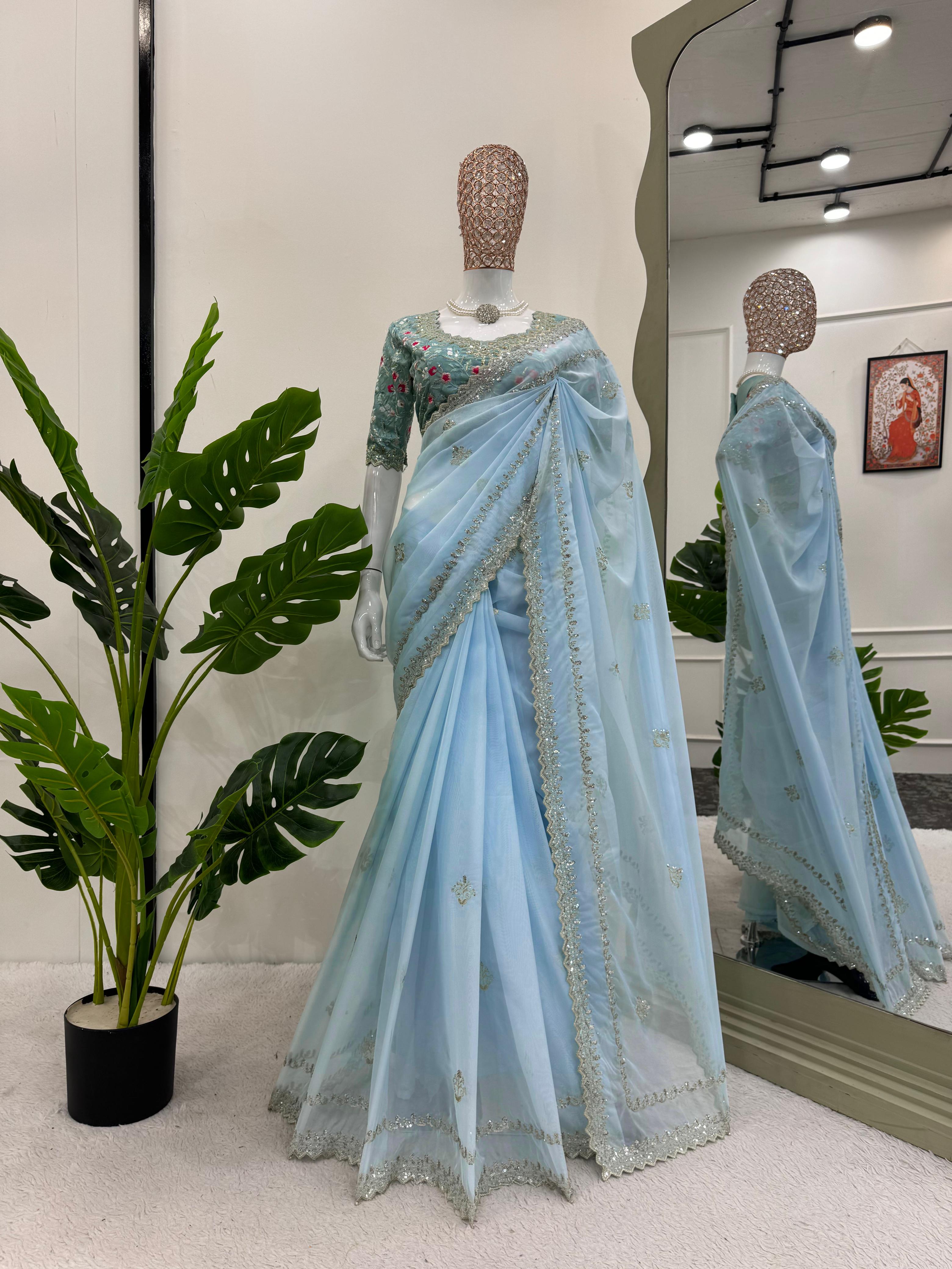 Wedding Wear Sky Blue Color Tibby Silk Thred Sequence With Fancy Lace Designer Saree