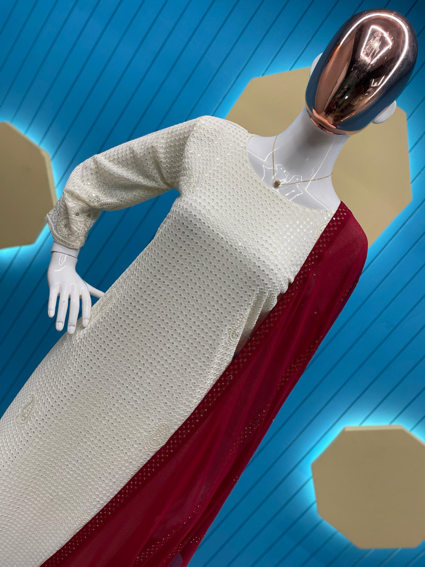 Fashionable Faux Georgette Sequence Thread Embroidered Work White Color Salwar Suit With Red Dupatta