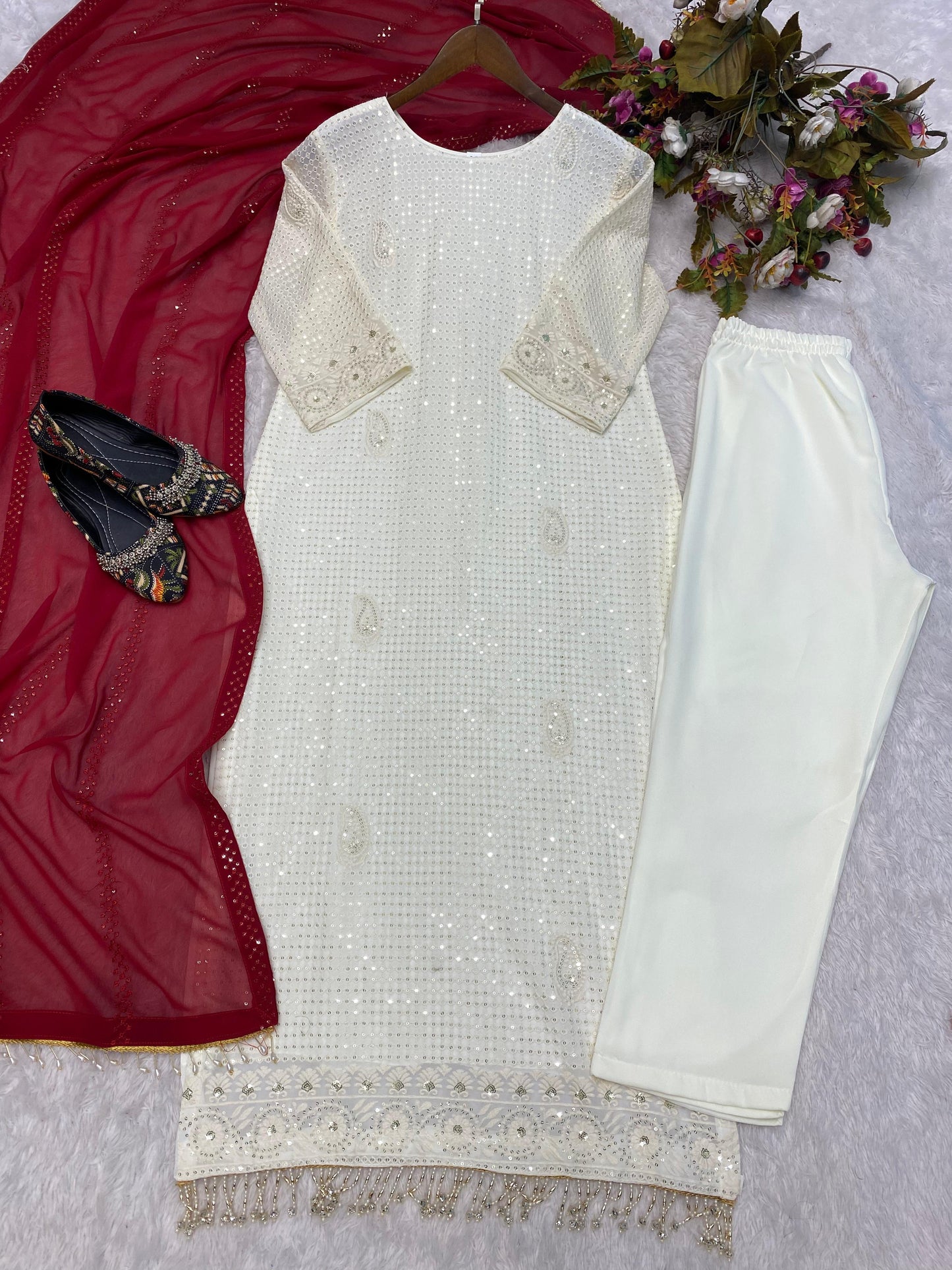 Fashionable Faux Georgette Sequence Thread Embroidered Work White Color Salwar Suit With Red Dupatta