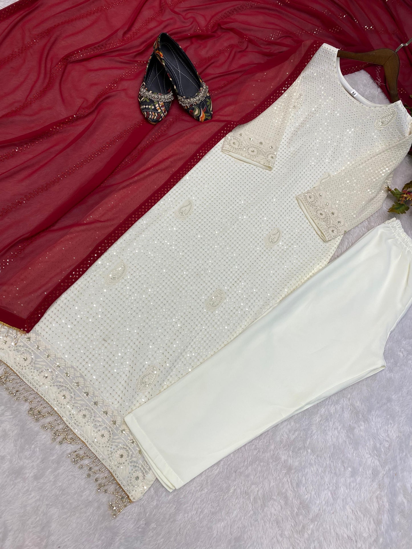 Fashionable Faux Georgette Sequence Thread Embroidered Work White Color Salwar Suit With Red Dupatta