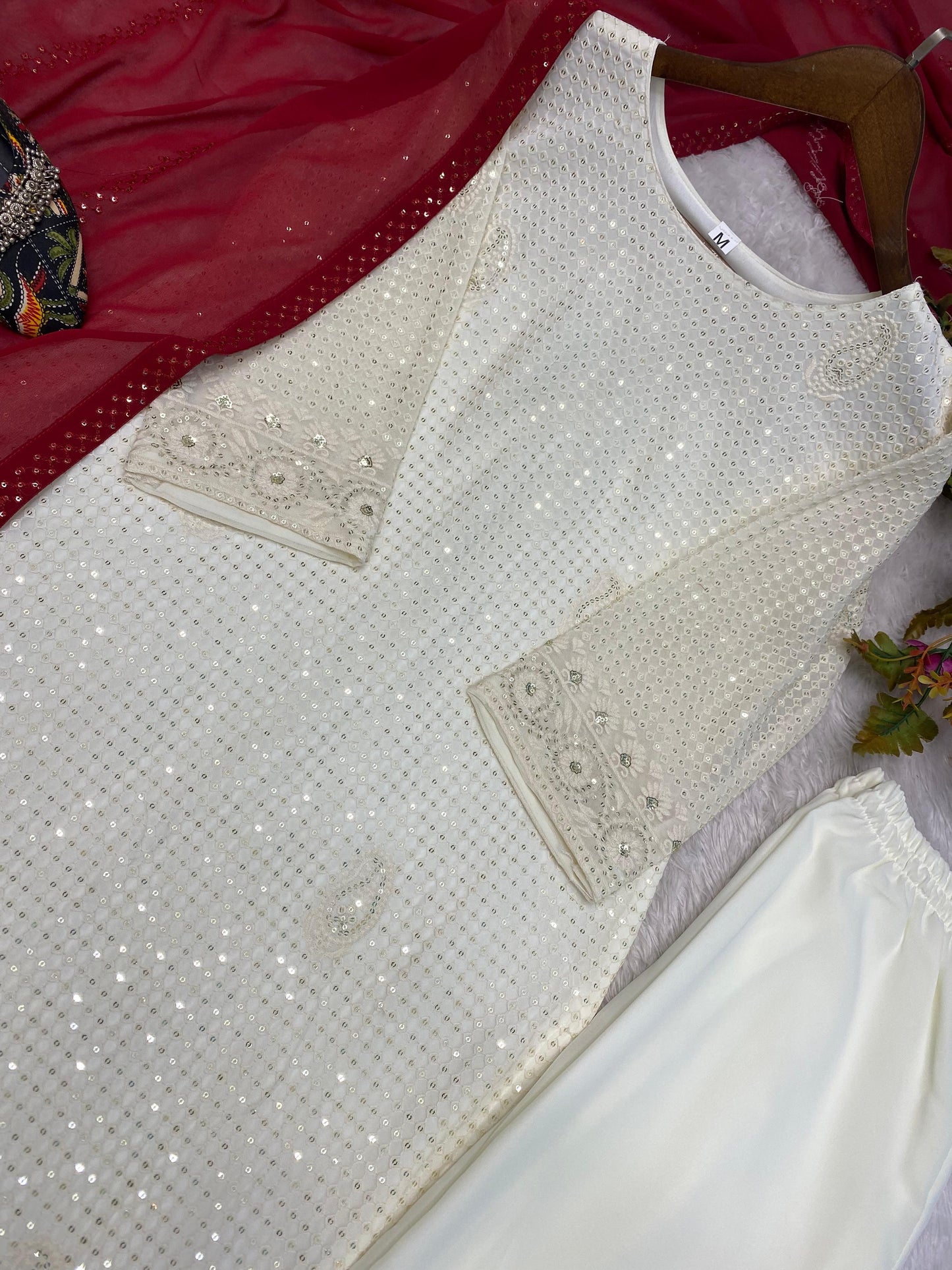 Fashionable Faux Georgette Sequence Thread Embroidered Work White Color Salwar Suit With Red Dupatta