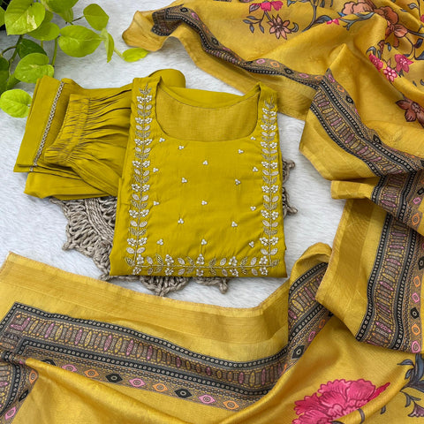 Haldi Wear Yellow Color Roman Silk Soft Fabric With Handwork Neck Designer Kurti Pent Suit