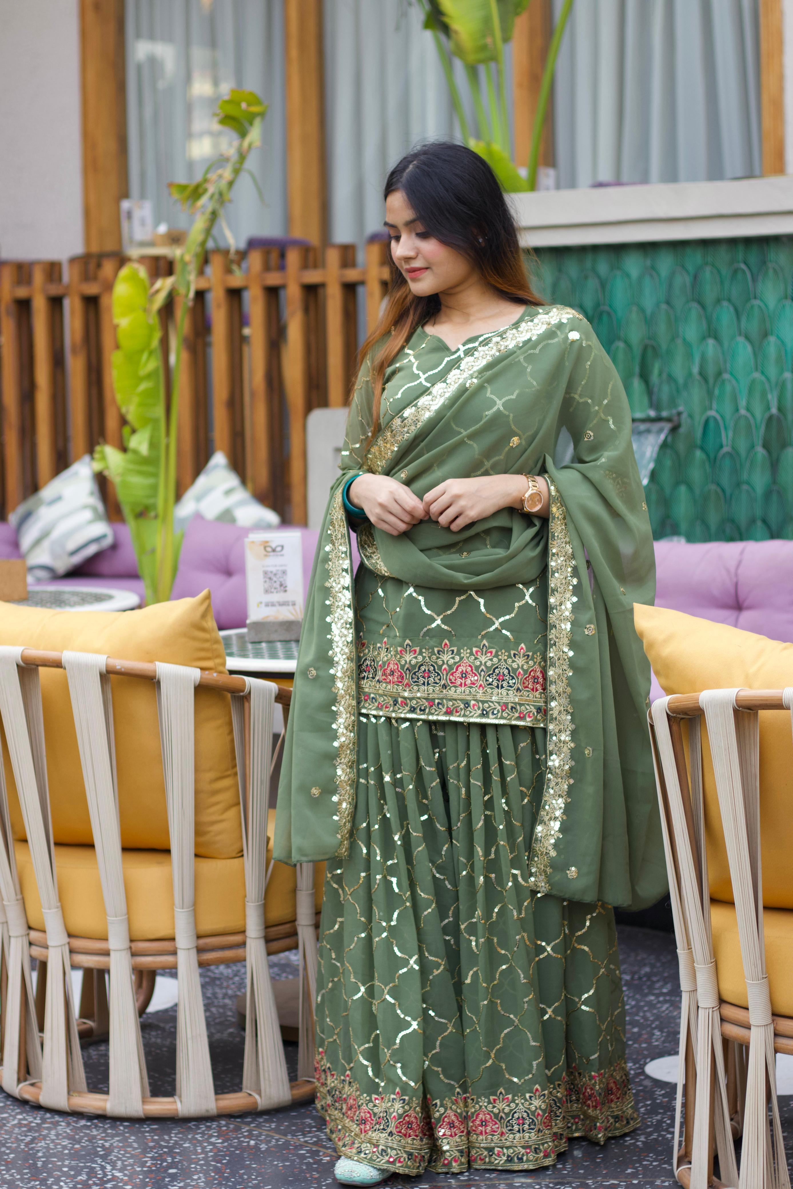 Wedding Wear Green Color Heavy Faux Georgette With 5mm Sequence Embroidery Work Sharara Suit