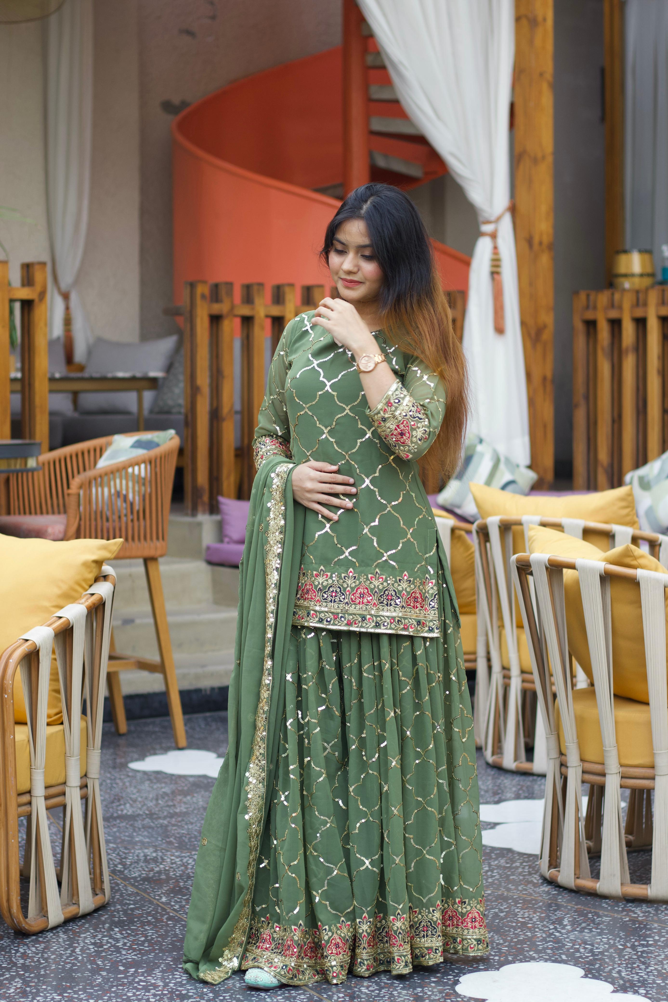 Wedding Wear Green Color Heavy Faux Georgette With 5mm Sequence Embroidery Work Sharara Suit