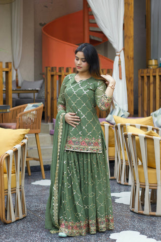 Wedding Wear Green Color Heavy Faux Georgette With 5mm Sequence Embroidery Work Sharara Suit