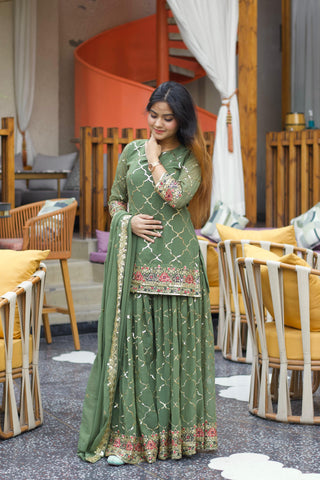 Wedding Wear Green Color Heavy Faux Georgette With 5mm Sequence Embroidery Work Sharara Suit