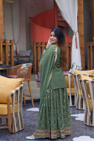 Wedding Wear Green Color Heavy Faux Georgette With 5mm Sequence Embroidery Work Sharara Suit